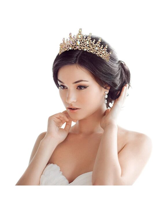 Women\'s AB Gold Crystal Queen Crown Tiara Wedding Prom Princess Headpiece main image 4